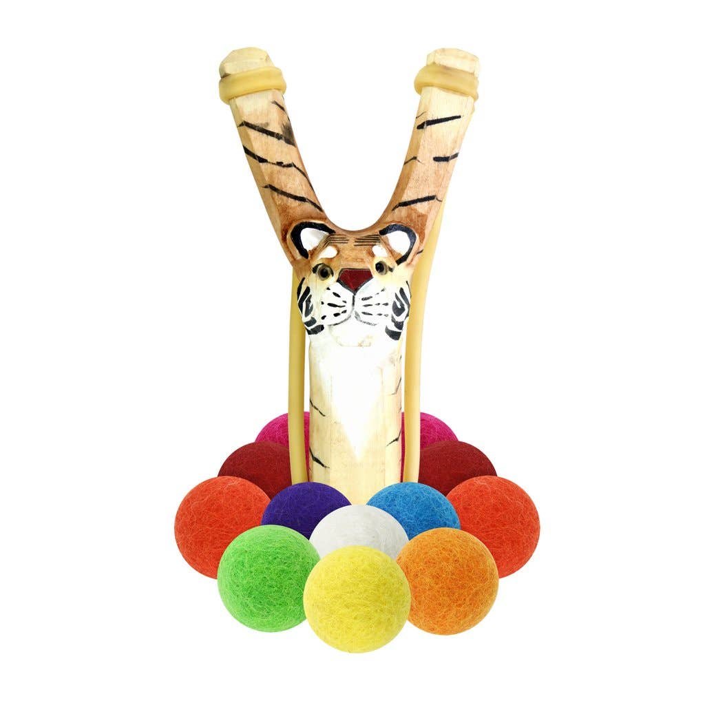 Carved Wooden Tiger Slingshot + Multicolored Felt Ammo