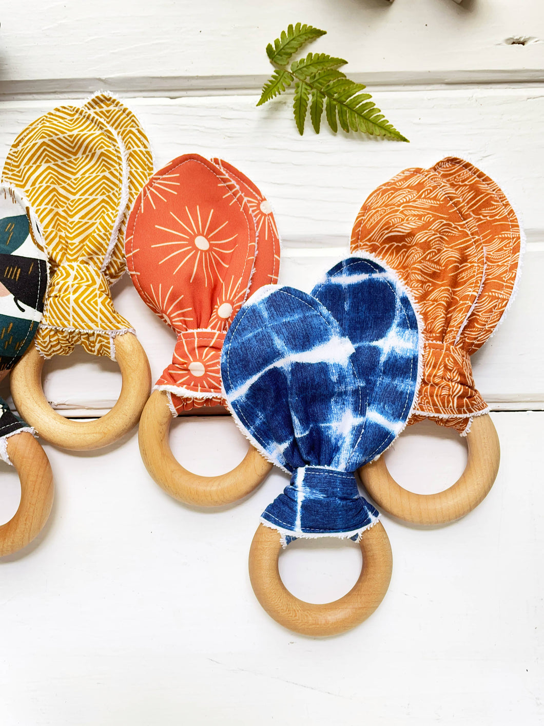 Wood Teething Toys, Earth Sun, Shibori Waves, Blue to Orange