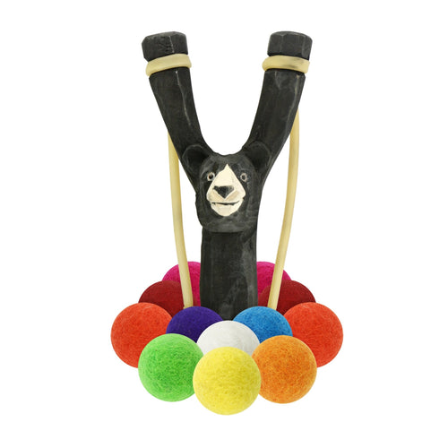 Wooden Bear Slingshot + Multicolored Felt Ammo